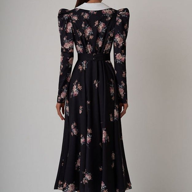 French Doll-Necked Flower-Print Court Feast Dress