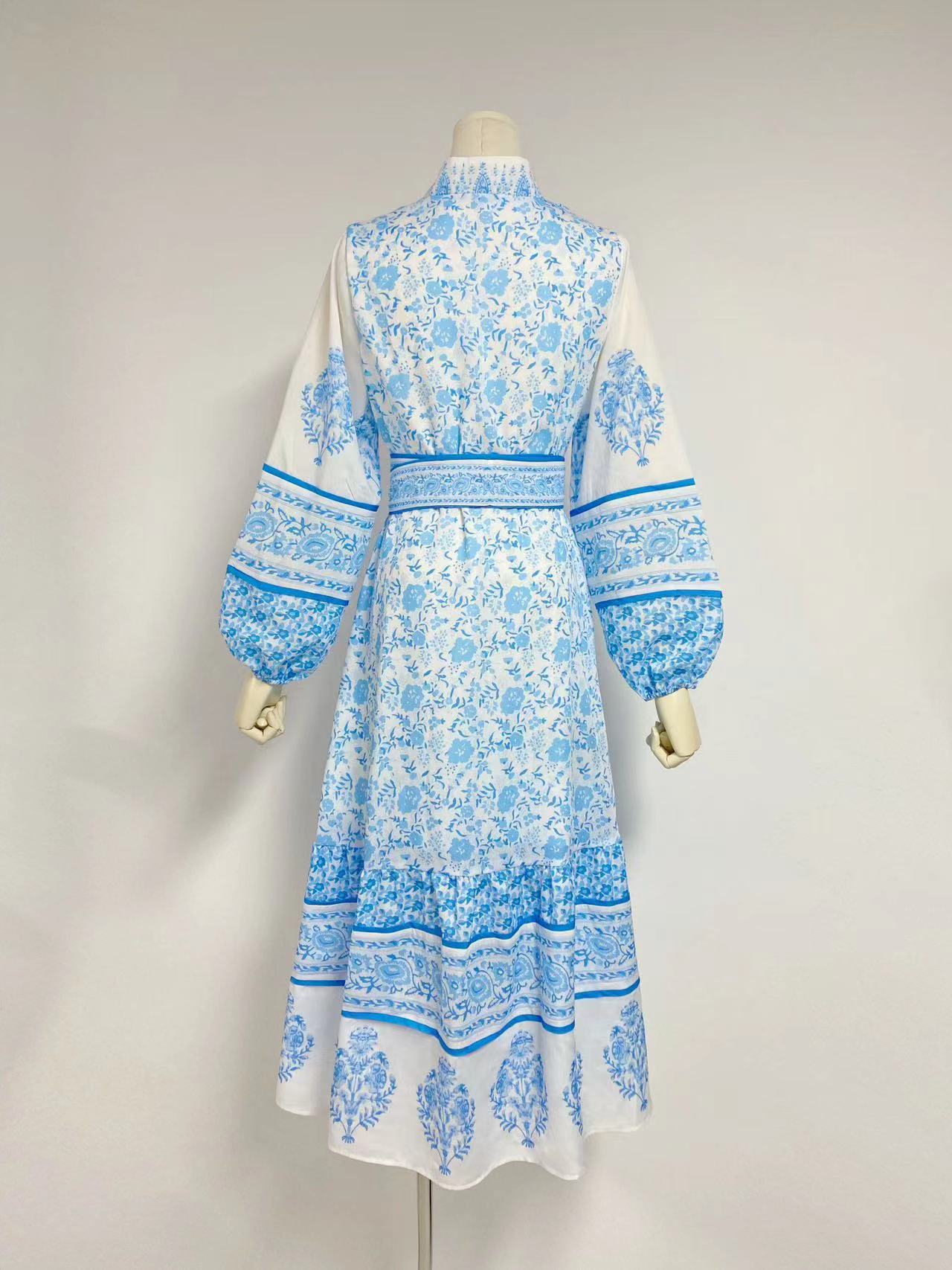 Autumn New Blue And White Printing Collar Lantern Sleeve Single Buckle Belt Waist Display Thin Dress