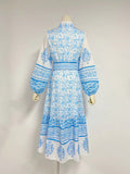 Autumn New Blue And White Printing Collar Lantern Sleeve Single Buckle Belt Waist Display Thin Dress
