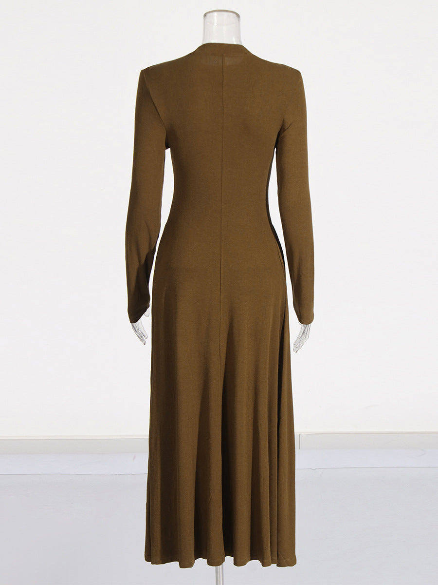 Famous Style Dress 2025 Summer New Round Collar Knitted Waist Solid Color Dress Woman