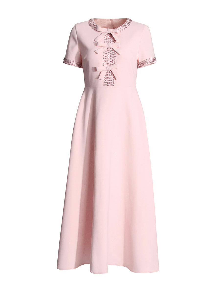 2025 New High-End Heavy Industry Nail Diamond Dress High Waist Round Bow Dress Woman