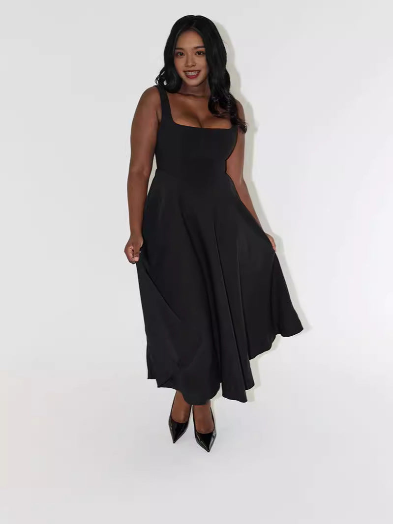 Summer New Simple Sexy Solid Color Shoulder Strap Repair Medium Long Dress