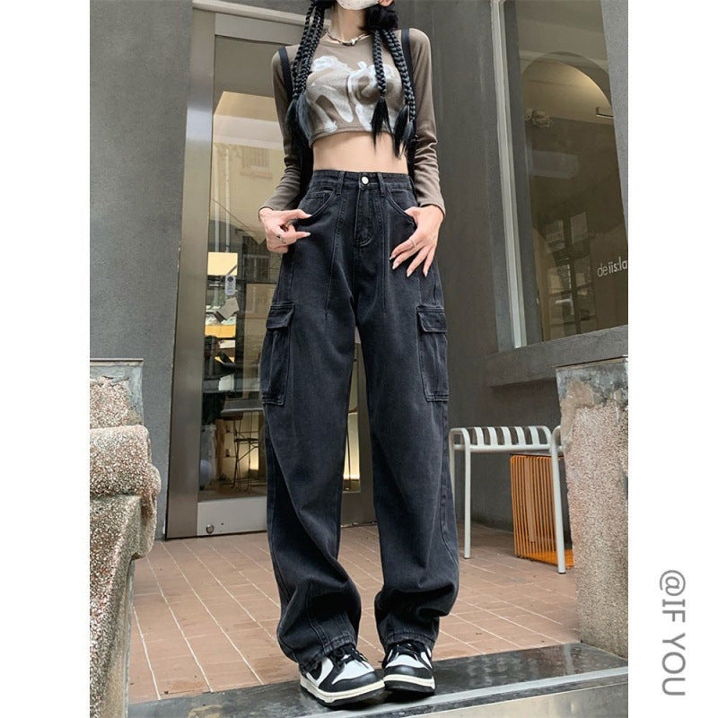 Kong Style Retro Big Pocket Workwear Jeans Women's Spring And Autumn Tide Straight Loose Hanging Wide Leg Trousers DJPT