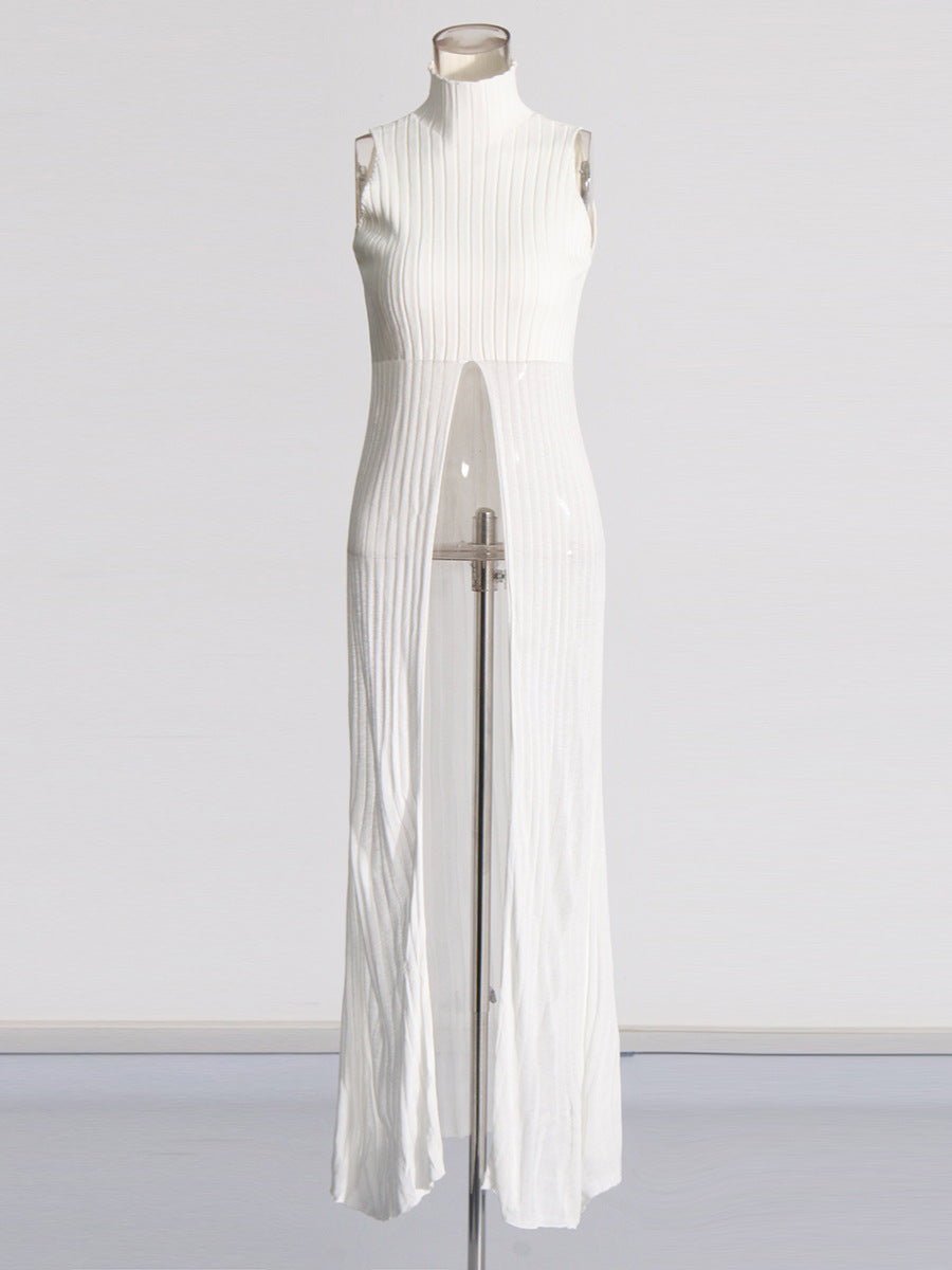 Women's Clothing 2025 Spring Personality Standing Sleeveless Open Forked Perspective Knitting Sexy Long Top