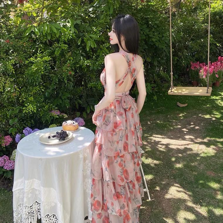 Tourism Wearing Bare Back Seaside Holiday Dress Bohemia Long Dress Hanging Neck Super Fairy Dress Women's Beach Dress