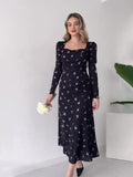 2024 New Court Style Lady Waist Temperament Low-Necked Long-Sleeved Dress