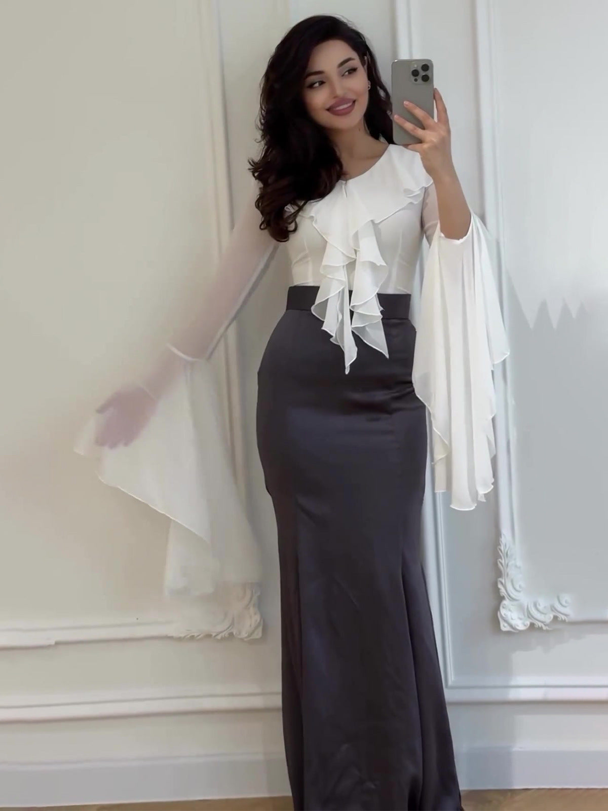 2024 Long-Sleeved Sleeves Sweet Long-Sleeved Splicing Bag-Suited Body-Dight With Dress