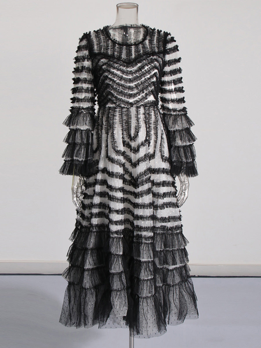 Retro Style Personality 2025 Summer New Round Collar Long Horn Sleeve Wood Ear Mesh Mesh Stitching Dress