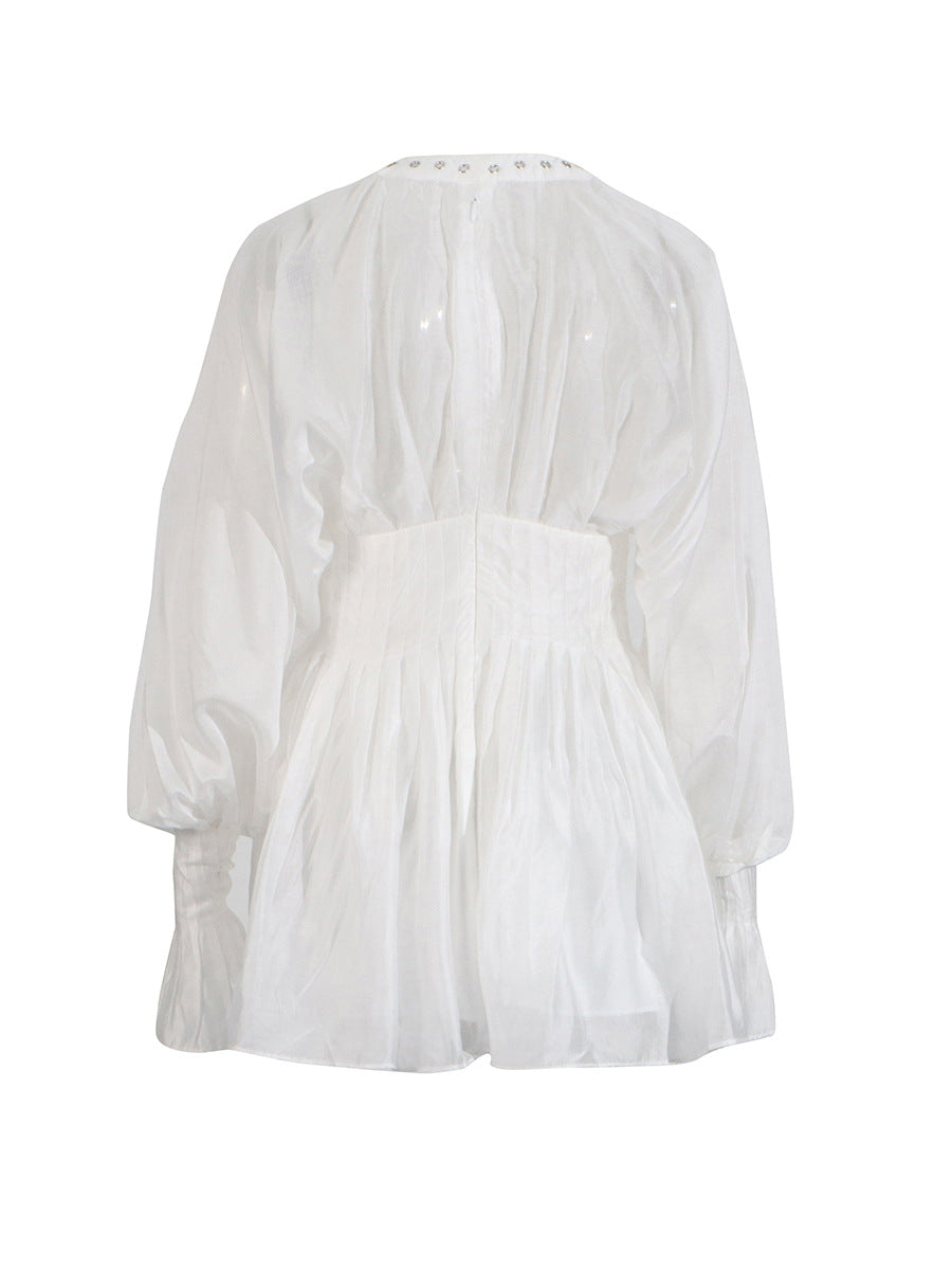 Niche Pure Lusty Fairy Dress 2025 Summer New Deep V Collar Lantern Sleeves Thin Tie Dress Dress Woman