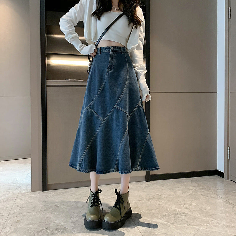 Broced # Spring And Summer Fishtail Skirt Design Sense A Word Loose Medium Long Skirt High-Waisted Denim Skirt Thin Cover Across The Skirt Girl DJPT
