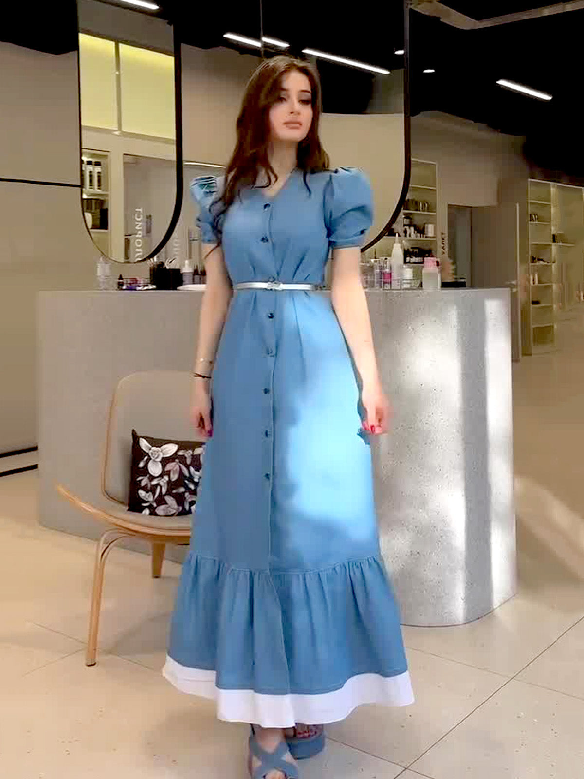 Summer Gentle First Love Style Slime Button Thin Lace Long Dress