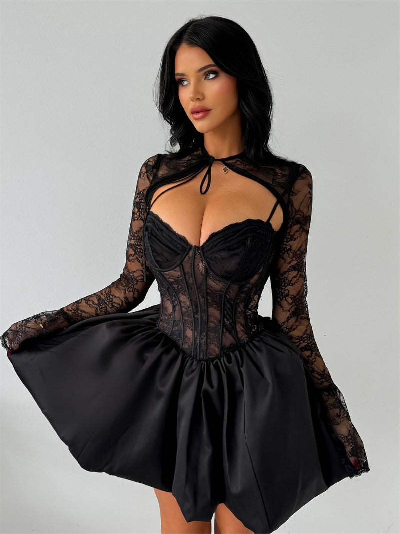 Autumn And Winter Series Lead Lace Long-Sleeved Black Lace Shoulder-Puff Mini Dress Beauty