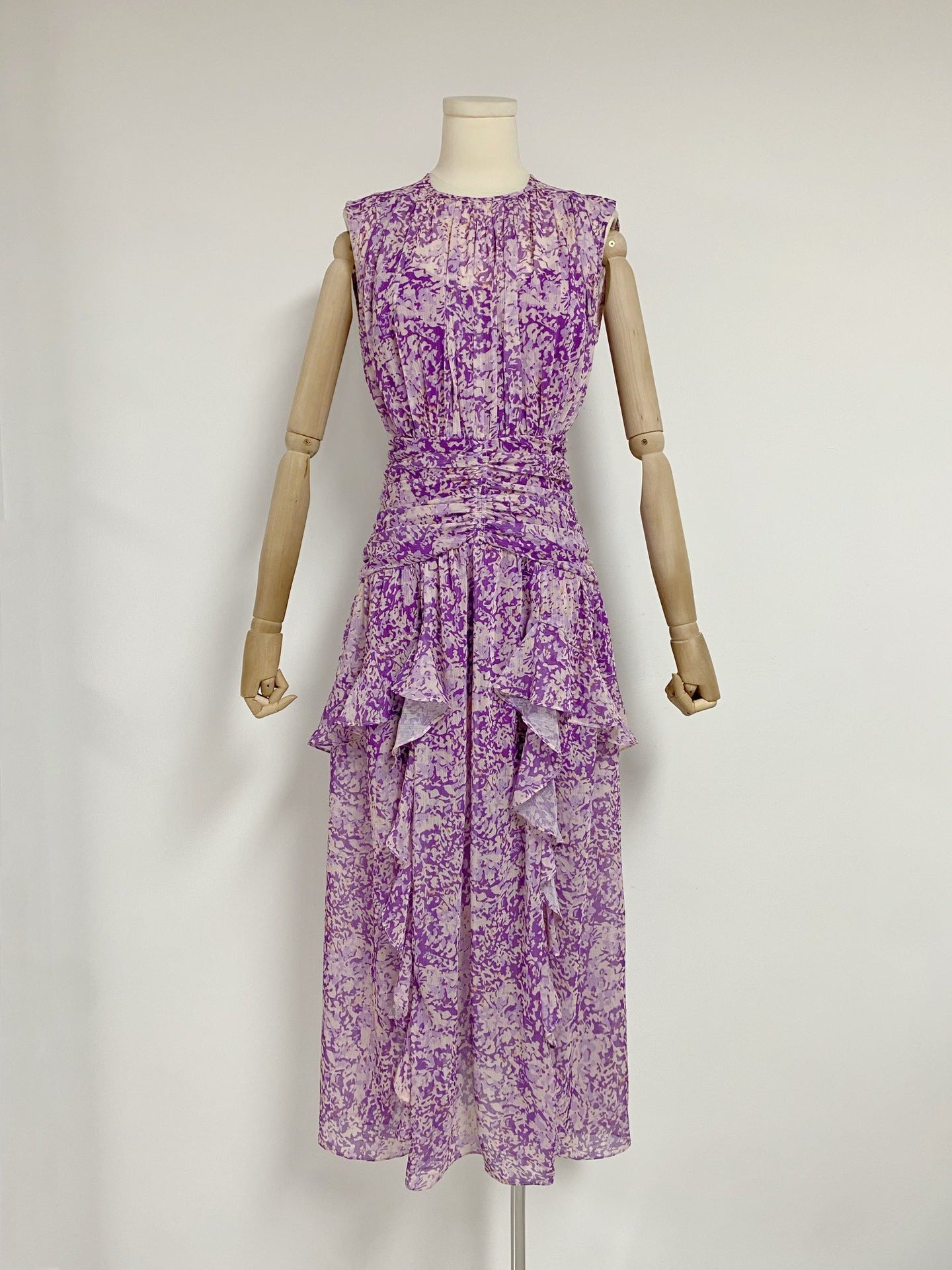 Autumn New Chiffon Printing Round Neckless Waist Design Lotus Leaf Side Long Dress