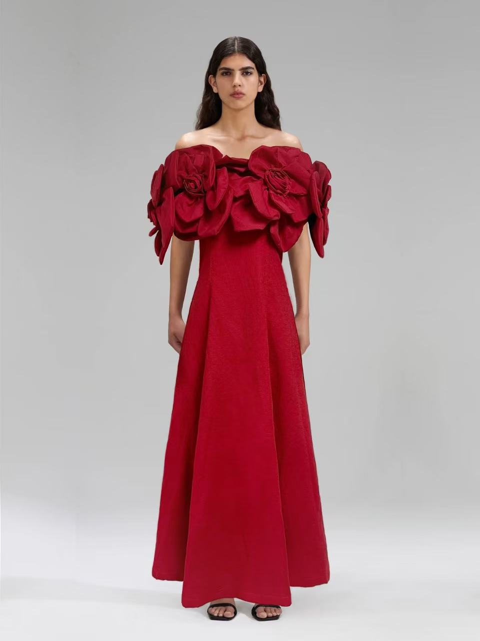 2025 Spring New A Dress Word Three-Dimensional Flowers Long Dress Dress Woman