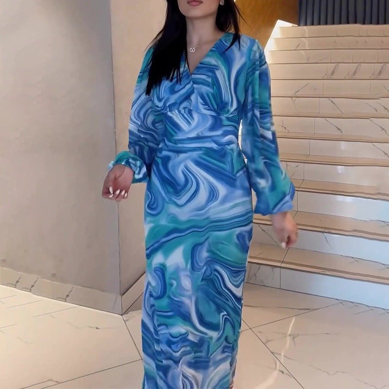 Women's Autumn V-Neck Lantern Sleeve Long-Sleeved High-Rise Fashion-Print Long Dress