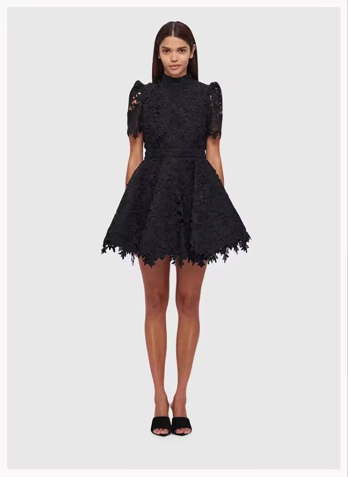 Fluffy Miniskirt 2024 Early Spring Collar Short Sleeve With Belt Water-Soluble Lace Dress Skirt