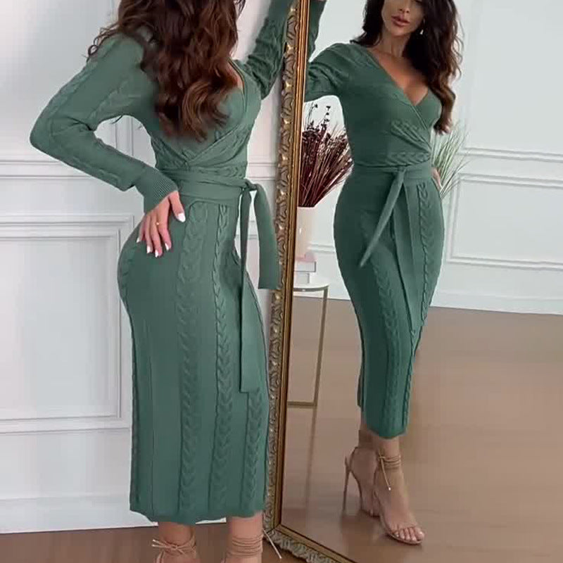 Women's Autumn V-Neck Long Sleeve Knitted High Waisted Tice With A Tinged Dress