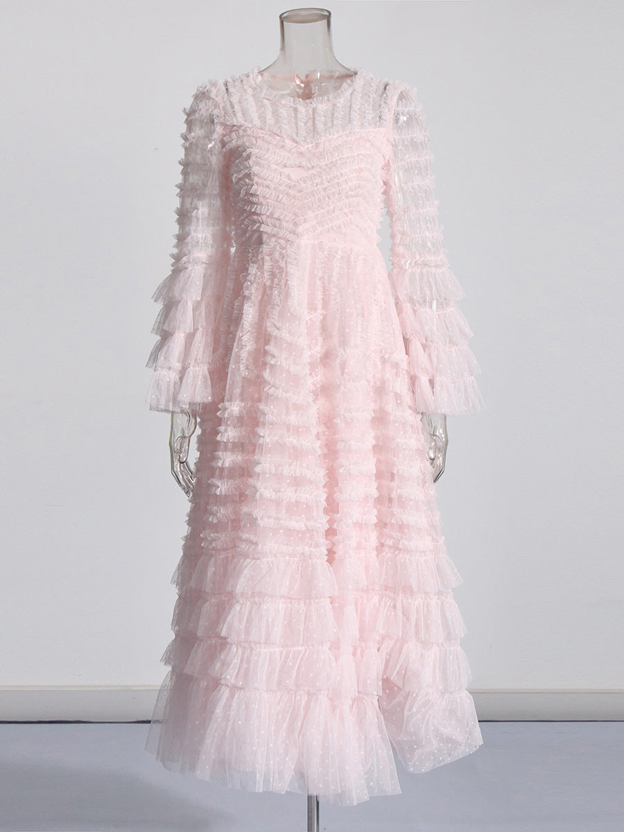 Retro Style Personality 2025 Summer New Round Collar Long Horn Sleeve Wood Ear Mesh Mesh Stitching Dress