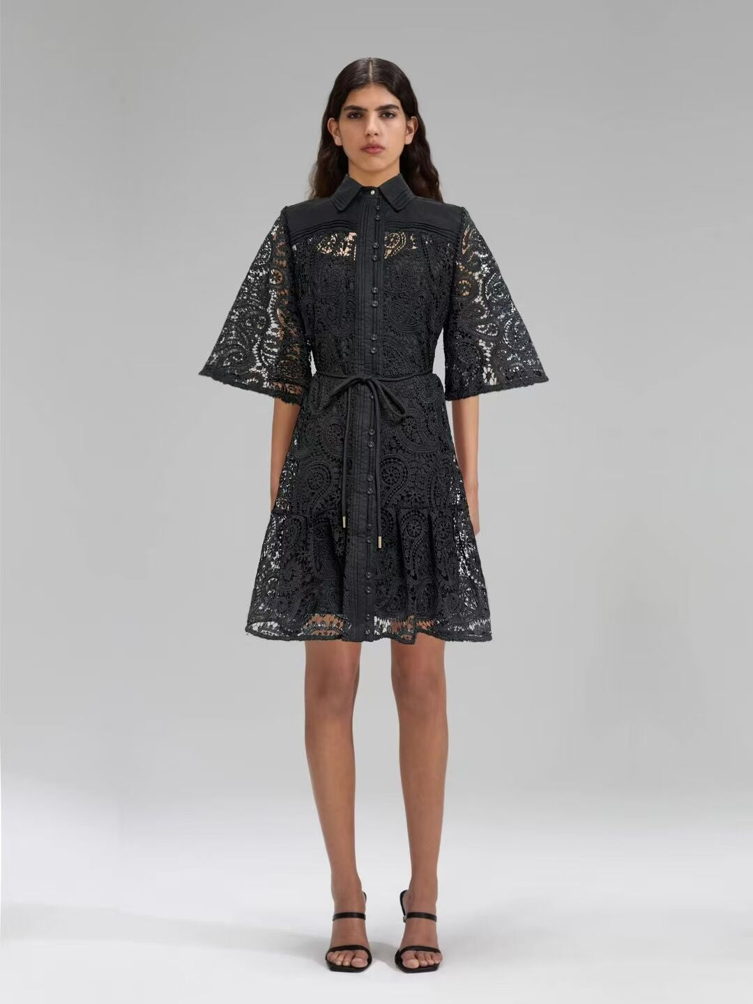 2025 Australian Collar Horn Sleeve Sleeve With Waist Retro Temperament Water-Soluble Lace Dress Skirt