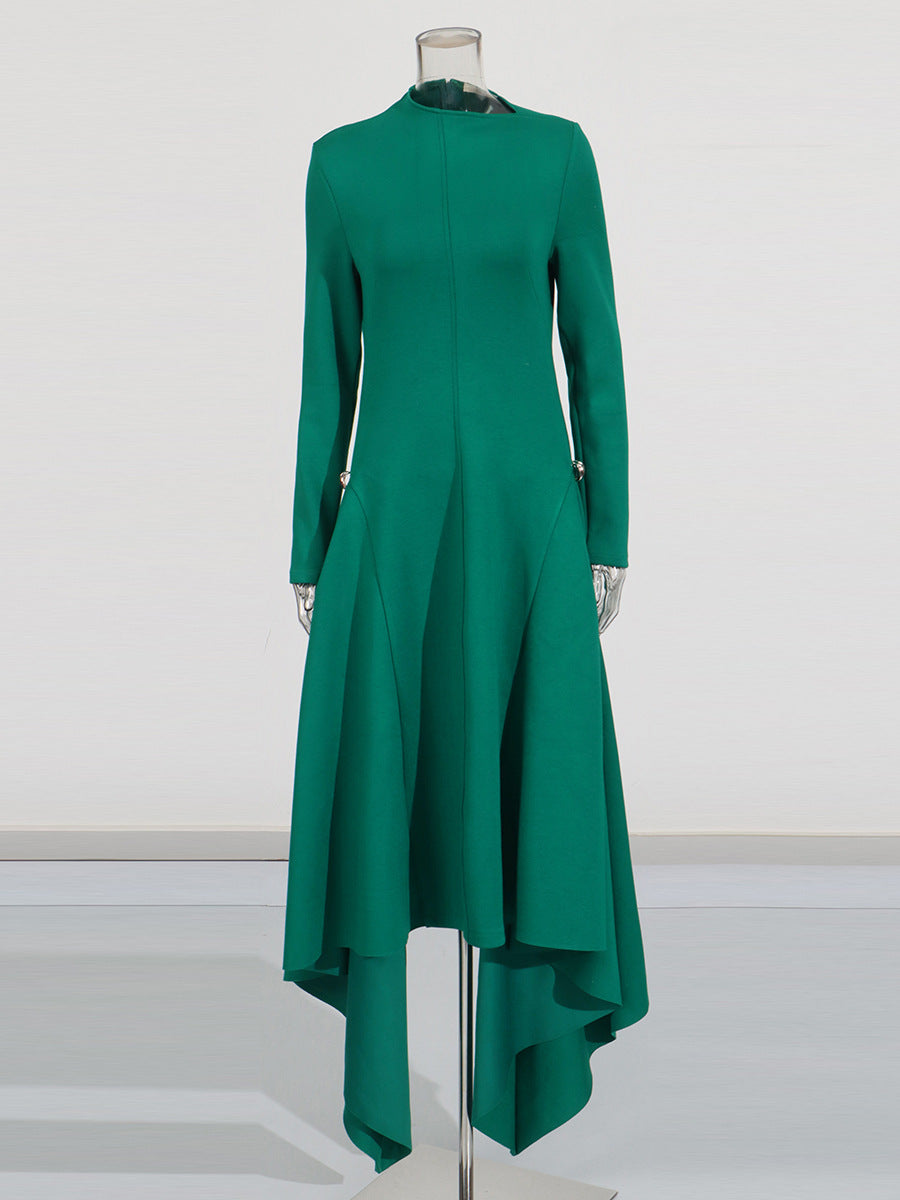 Asian Temperament Elegant Wind Collar Long Sleeve Irregular Dress 2025 New Solid Broad Ass Dress Women Summer