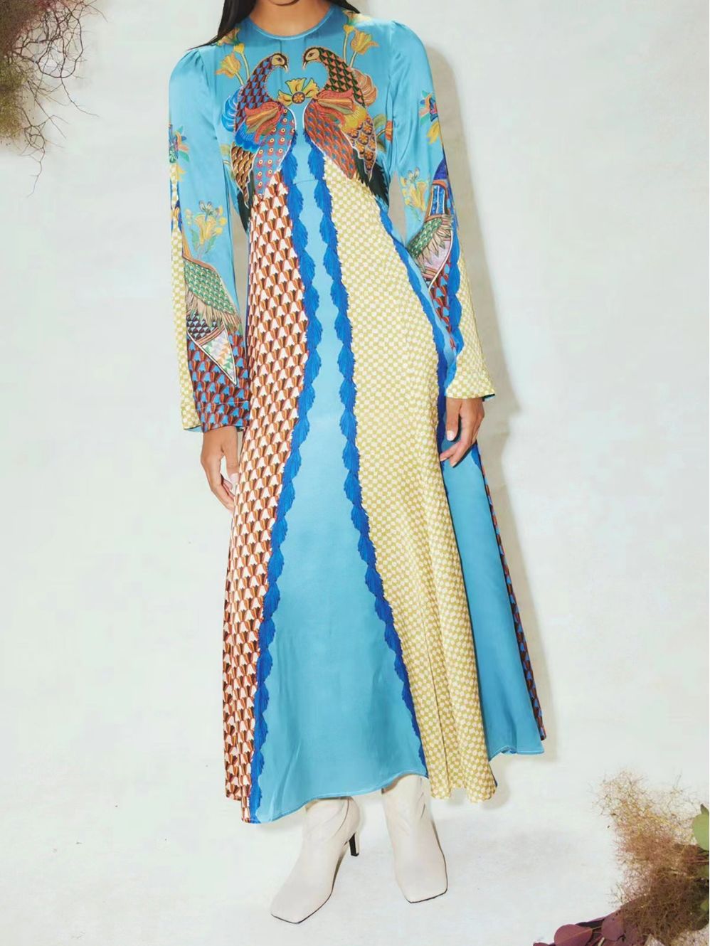 Round Collar Long-Sleeved Dress Animal Print Girded Body 2025 Autumn New Dress