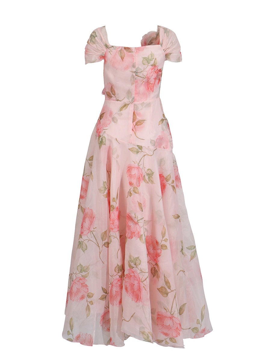 Vintage Flower Drewing Dress 2025 Summer New V-Neck Waist Opened Lotus Leaf Side Dress