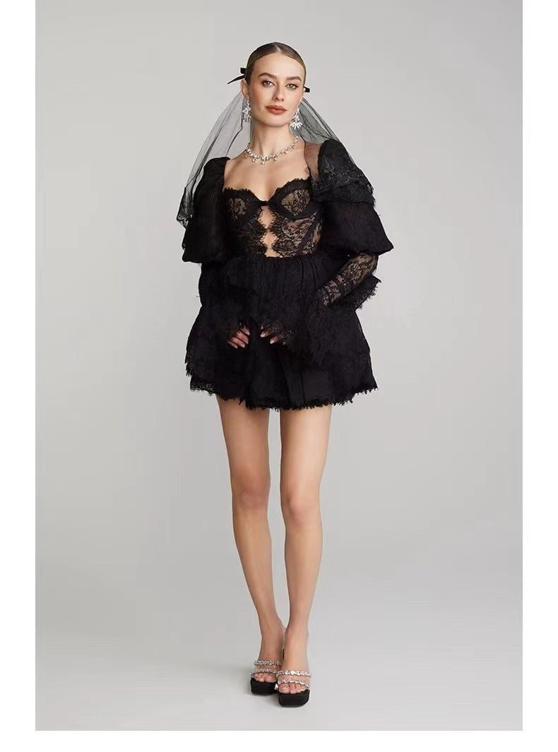 Summer New French Design Hollow Short Romantic Lace Splicing Princess Dress