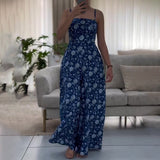 Summer New Leisure Holiday Blue Print Retro Bare Back Double Strap Sling Skirt