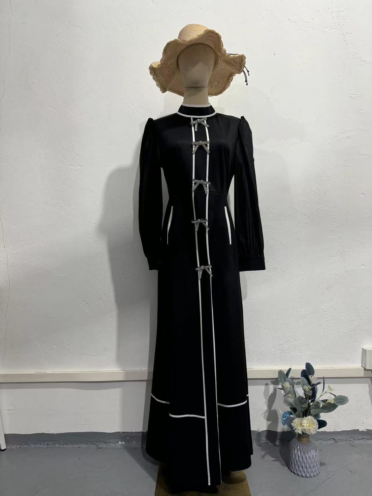 2024 New Bow Decoration Black And White Splicing Temperament Half-High Collar Long Dress