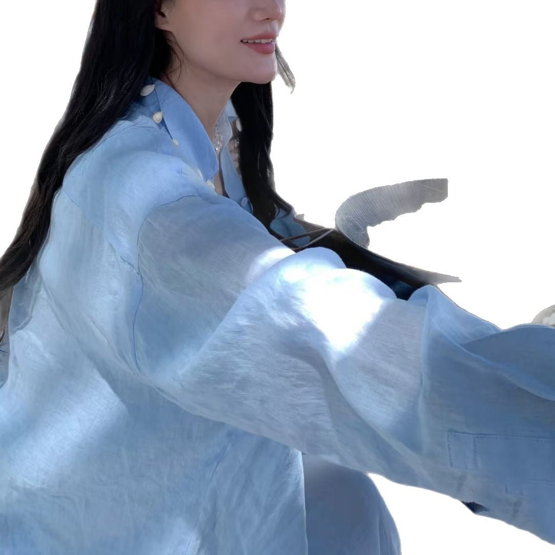 Unique Embroidered Blue Shirt Broad Leg Pants Two Sets Of Women 2025 Early Spring Wear