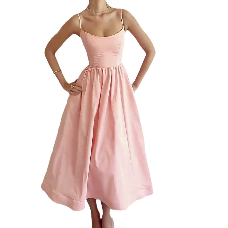 Summer New Women's Solid Color Low-Broth Sexy Bare Back Sling Dress