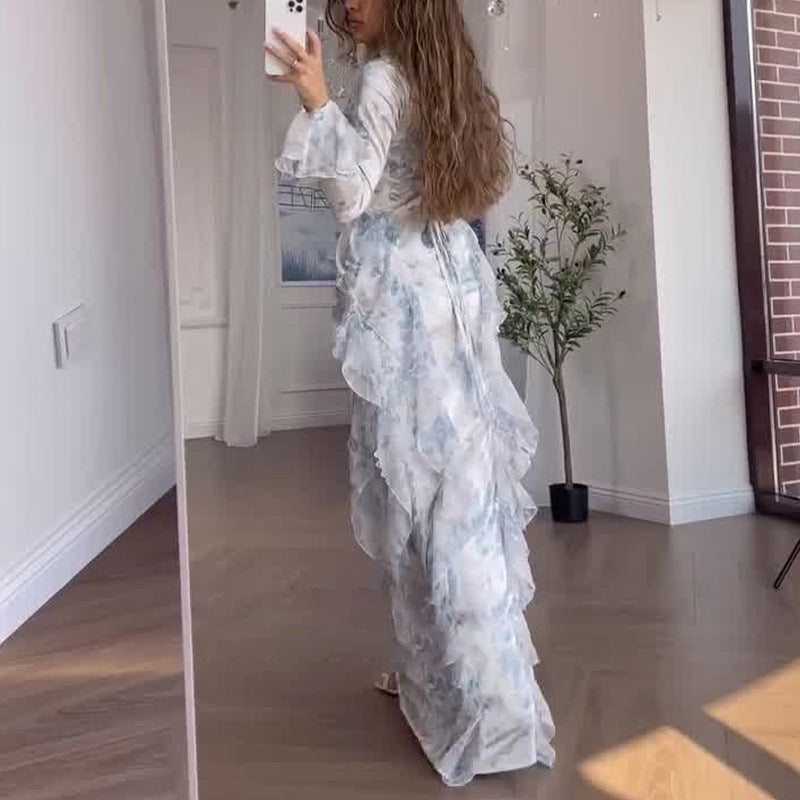 2024 New Women's Clothing Dizzened With Broken Lotus Leaves Side Splicing Dress Long Sleeve Long Dress