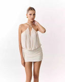 Babes V-Neck Hanging Neck Sling Dress Female Niche Temperament Striped With Thin Ass Short Skirt