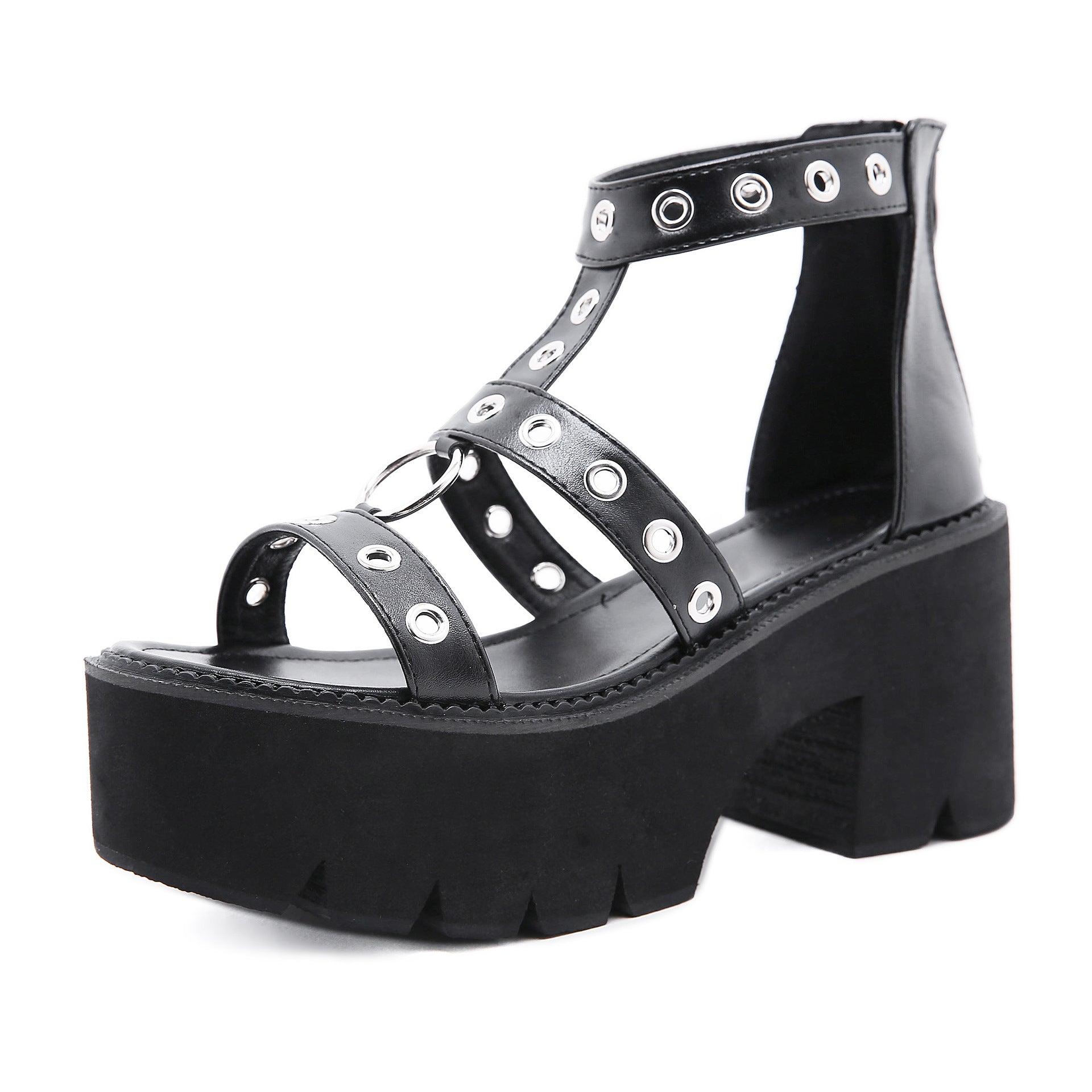 Dew Metal Ring Hollow High-Heeled Sandals Thick-Soled Roman Shoes Trend Heightening Women's Shoes High Quality Shoes
