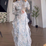 2024 New Women's Clothing Dizzened With Broken Lotus Leaves Side Splicing Dress Long Sleeve Long Dress