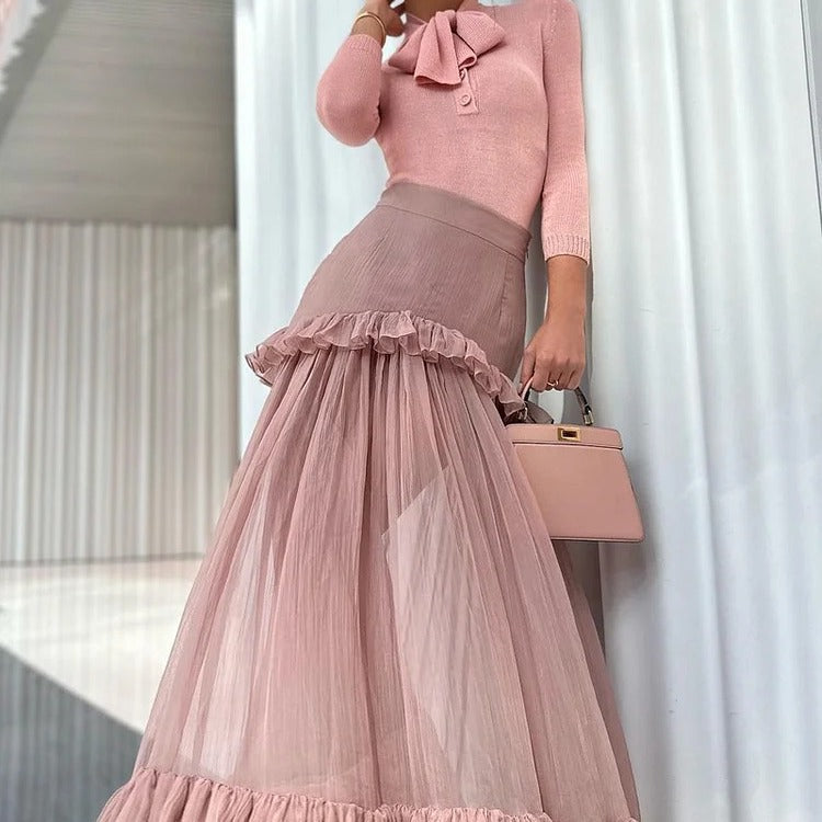 New Fashion Temperament Knitted With Folded Perspective Elegant Cake Skirt
