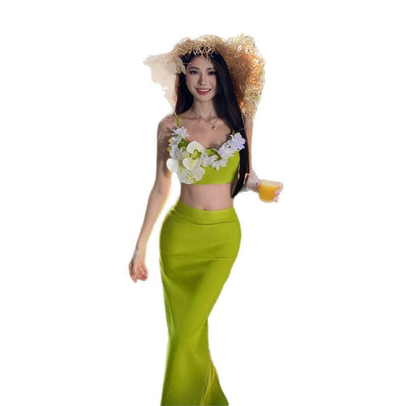 Niche Design Three-Dimensional Flower Sexy Sling Tset Tsets Open Forked Bag Hip Skirt Holiday Two-Piece Suit Woman