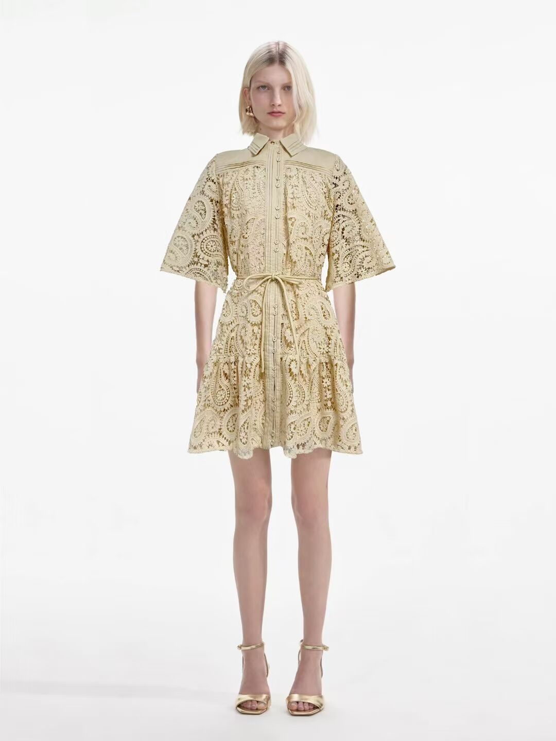 2025 Australian Collar Horn Sleeve Sleeve With Waist Retro Temperament Water-Soluble Lace Dress Skirt