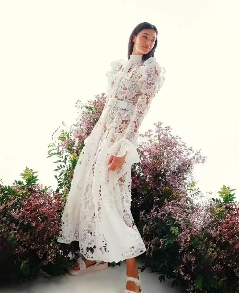 Water-Soluble Lace Dress 2025 Spring Temperament Embroidery Empty Belt With White Dress Dress