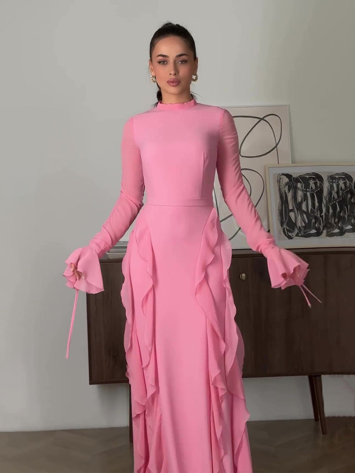 2025 New Lotus Leaf Side Splicing Court Chiffon Temperament Semi-High Collar Dress