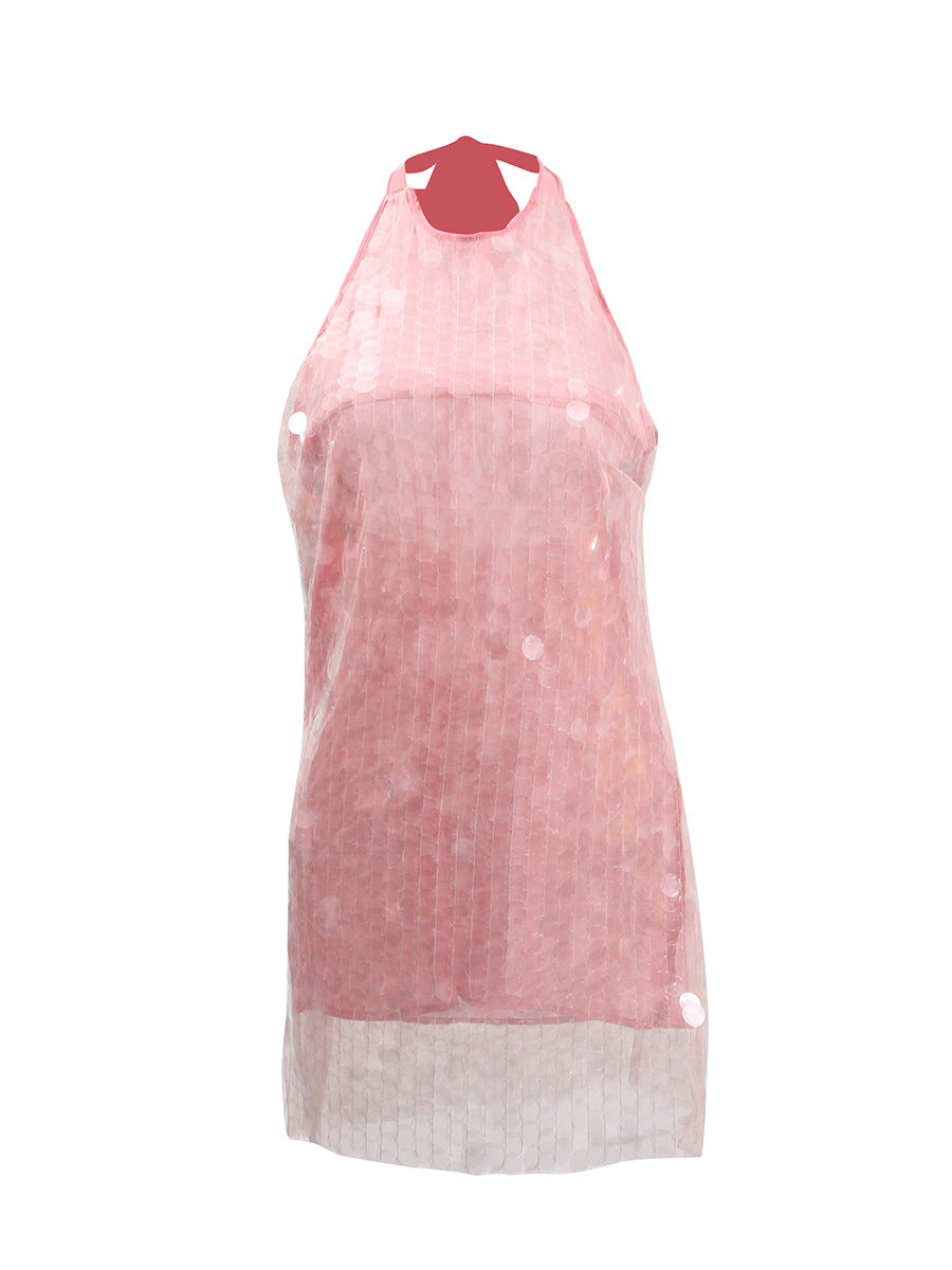 Barbie Wind Hanging Neck Sleeveless Sleeve Squin Mini Dress 2025 New Women's Summer Waist Solid Color Dress Woman