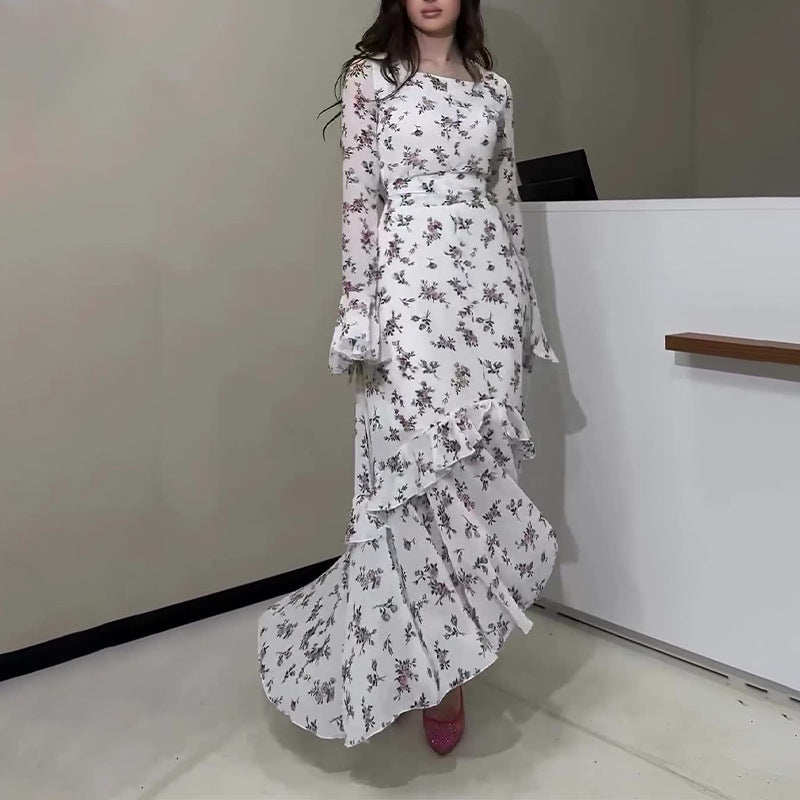 Women's Round Neck Broken Flower Horn Sleeve High Waist To Repair Temperament Irregular Lotus Leaf Skirt