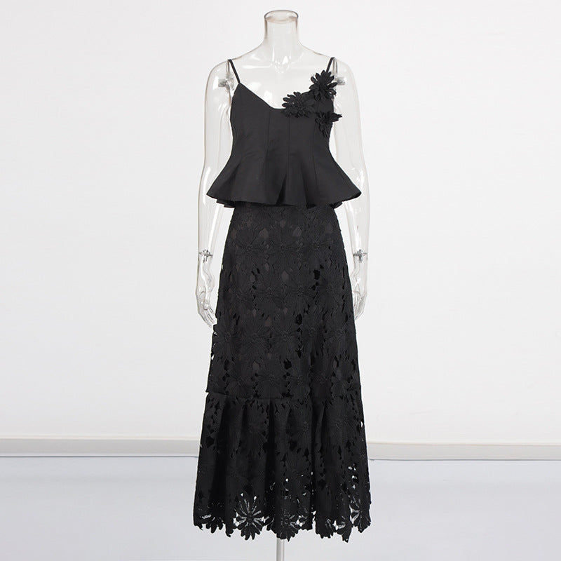 Niche Wind 2025 Summer New Sling Ribbon Leaves Design Three-Dimensional Flower Half-Body Dress Suit Woman