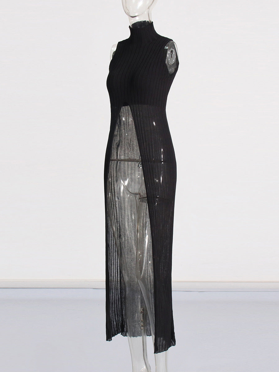 Women's Clothing 2025 Spring Personality Standing Sleeveless Open Forked Perspective Knitting Sexy Long Top