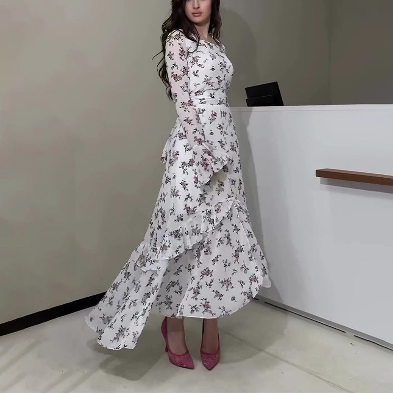 Women's Round Neck Broken Flower Horn Sleeve High Waist To Repair Temperament Irregular Lotus Leaf Skirt