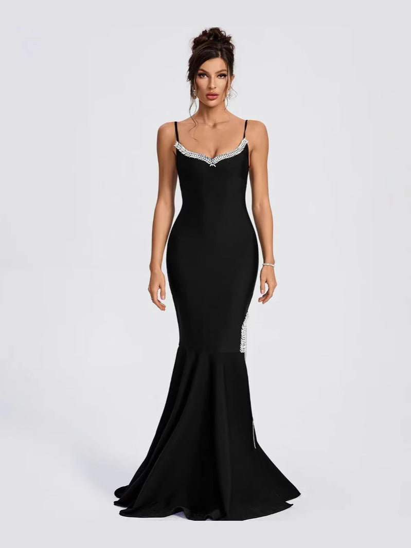 Hot Sling V-Neck Nail Drill Women's Dress High Open Chain Espootail Banded Evening Dress