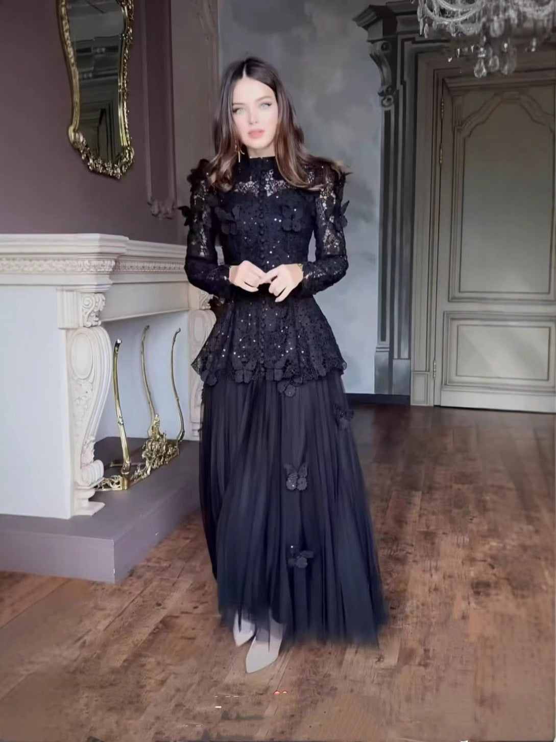 Spring French High-End Temperament Collar Three-Dimensional Butterfly Water-Soluble Lace Splicing Mesh Dress Dress