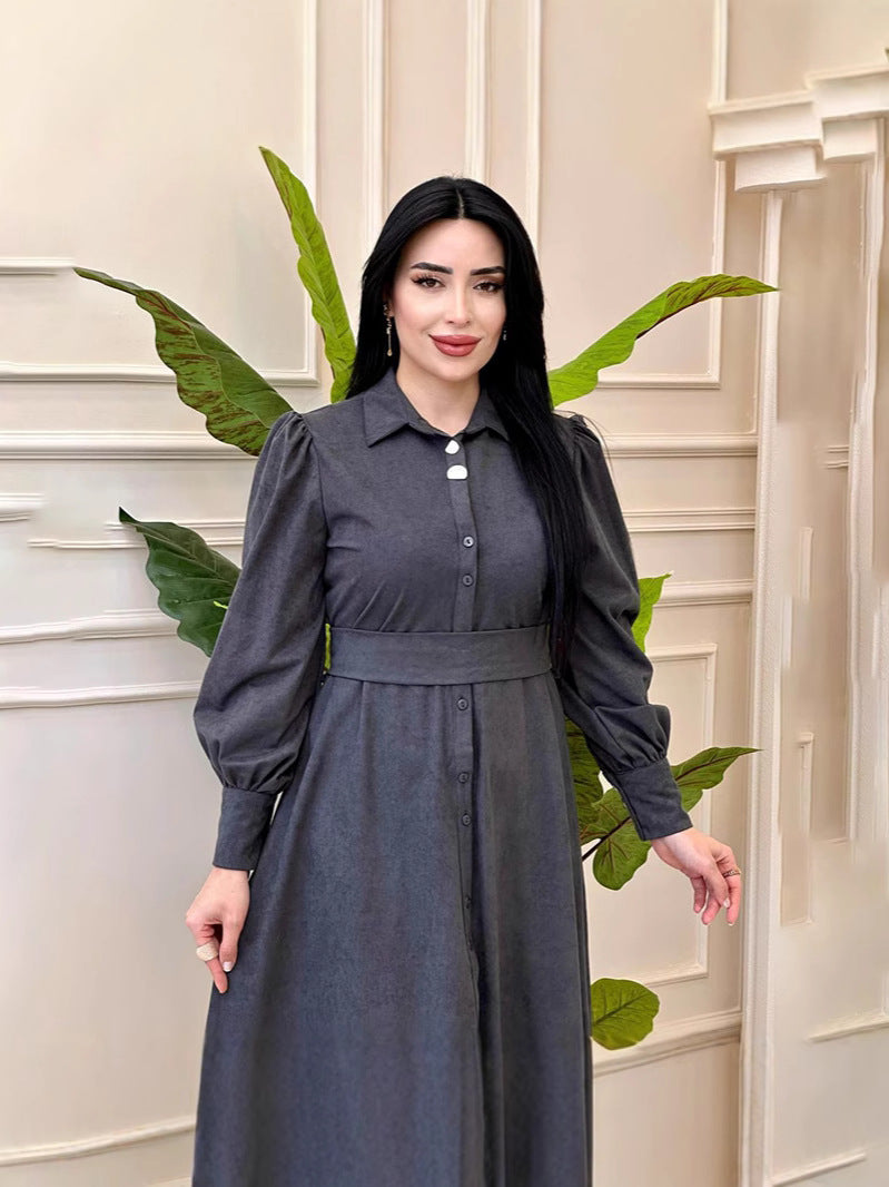 2024 New Elegant Temperament Belt Belt Solid Color Collar Dress