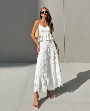 Niche 2025 Spring New Sling Hand-Nailed Floral Top With Waist-Socked Long Dress Fashion Suit Woman