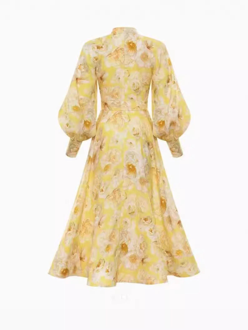 Autumn And Winter New Australian Tide Brand Retro Court Lantern Sleeve Single Buckle Floral Open Shirt Long Dress